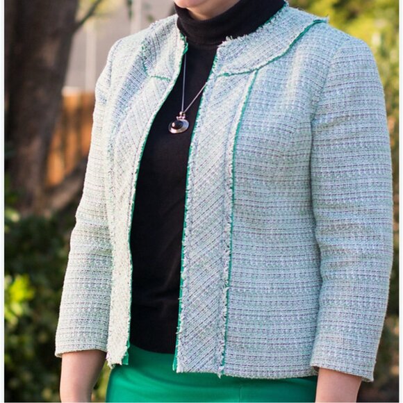 Kasper Tweed Blazer Jacket 10 Preppy Green White Gold Metallic Open Front - Picture 3 of 15